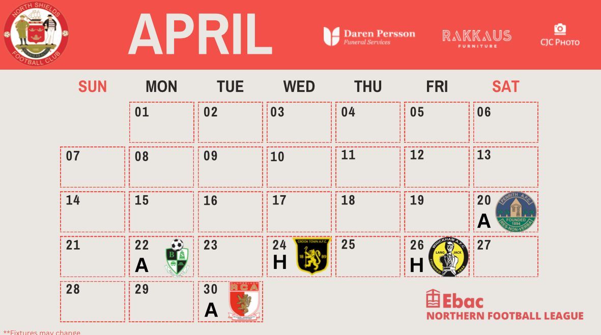 𝗨𝗣𝗗𝗔𝗧𝗘𝗗 𝗙𝗜𝗫𝗧𝗨𝗥𝗘 𝗟𝗜𝗦𝗧 | Following the rescheduling of postponed fixtures, our final 5 games will now be 👇 20/04 - Penrith (A) 22/04 - Birtley (A) 24/04 - Crook (H) 26/04 - Whickham (H) 30/04 - Sunderland RCA (A) #HowayTheRobins