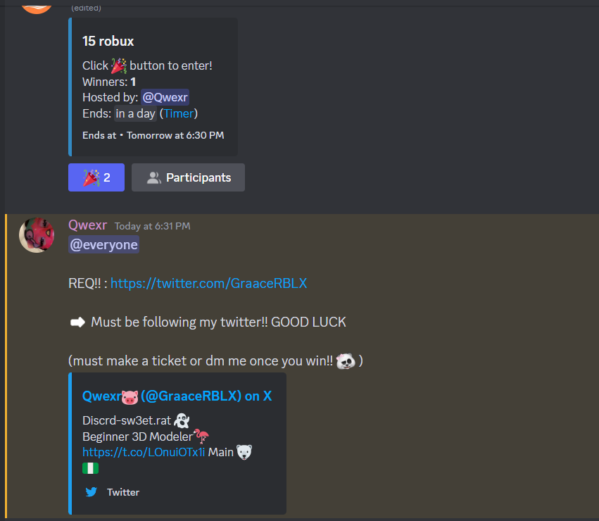 15 robux gw

Must be following my twitter (its the req)
Must join my discord server (only can enter from there)
Must add proof in the 'gw proof" channel in my server of u following me
discord.gg/zkxPemUJRk

ends: 6:30 15/04/2024 (AEST)

GOOD LUCK

(photos are below to help!!)