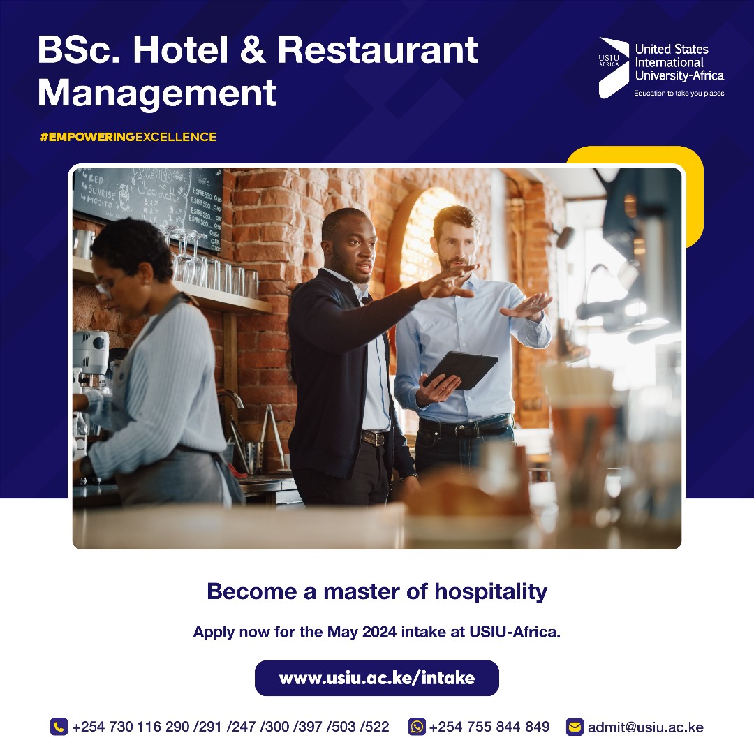 Ignite your passion for hospitality with our BSc. HOTEL AND RESTAURANT MANAGEMENT program! Learn the art of guest service, operations management, and culinary arts from industry professionals. 🍽️🏨

Enroll here: usiu.ac.ke/intake 
#ExperienceUSIU #EmpoweringExcellence