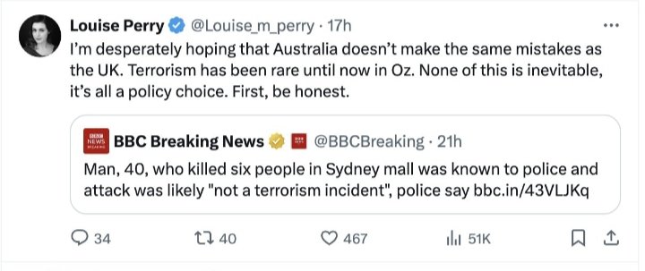 I do think that our knee jerk assumptions can reveal a lot of what we are about. It's like that split second between someone's honest reaction and them rearranging their face so as not to offend. That said, some of these tweets remain up. The killer was a white Australian.