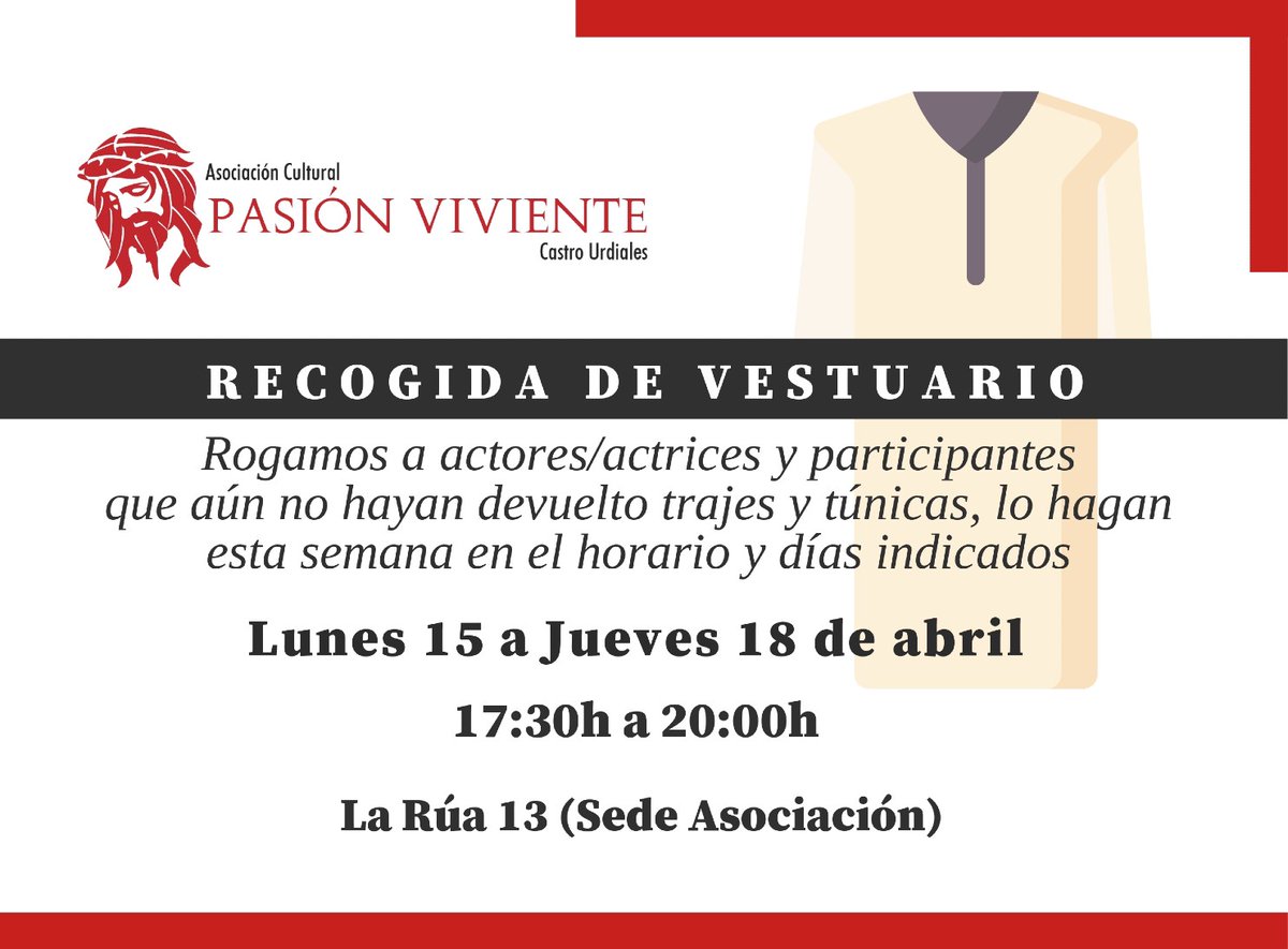 ¡Hola! Aviso IMPORTANTE para rezagados que han participado en la Pasión y aún no han devuelto la ropa. Por favor, pasad esta semana de lunes a jueves en horario de tarde (17:30 a 20:00) por el local de la asociación. ¡Gracias!
#pasiónviviente #castrourdiales #comunicado