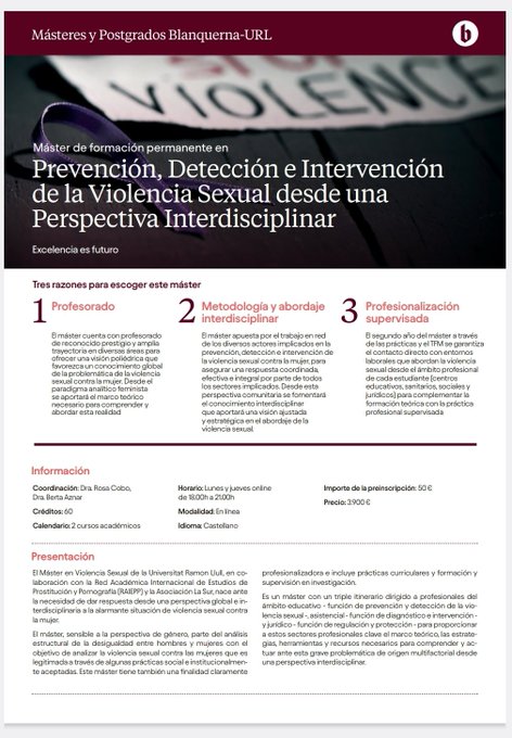 El martes, día 16 de abril, a las cuatro, 16:00 horas, @berta_aznar y yo presentaremos ONLINE el MÁSTER EN VIOLENCIA SEXUAL. Si quieres participar para saber más cosas sobre este máster y resolver dudas, puedes inscribirte aquí: blanquerna.edu/es/open-day-ma…