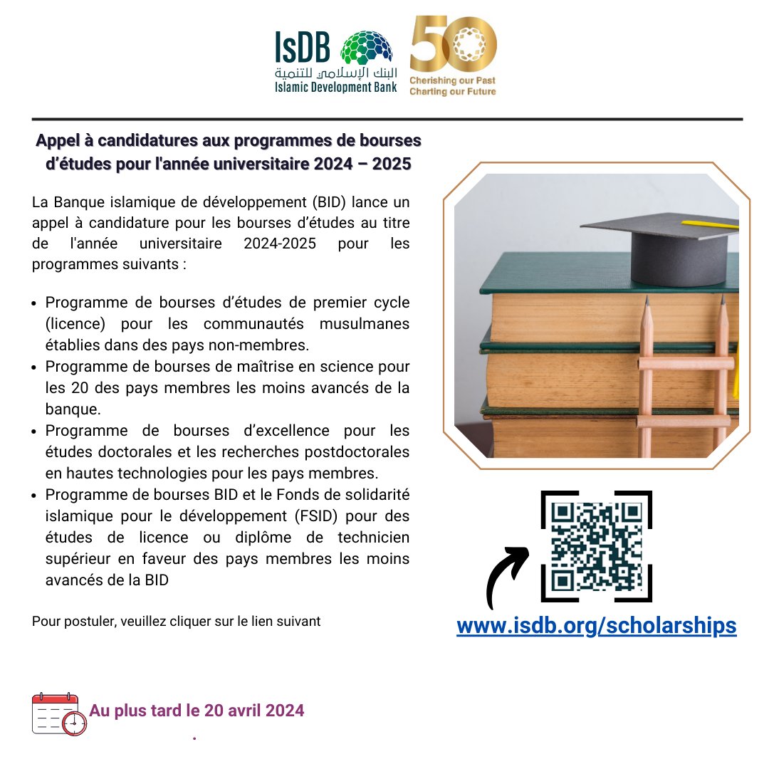 🚨 Ne manquez pas votre chance de faire partie du programme de bourses de la BID pour 2024-2025. Les candidatures sont toujours ouvertes, mais la date limite approche à grands pas ! Soumettez votre candidature dès aujourd'hui via le portail en ligne: [isdb.org/scholarships]…