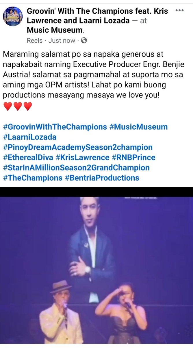 laarni_lozada's tweet photo. To our Executive Producer Engr Benjie Austria, thank you!!! ♥️

#GroovinWithTheChampions #MusicMuseum #LaarniLozada #PinoyDreamAcademySeason2champion #EtherealDiva #KrisLawrence #RNBPrince #StarInAMillionSeason2GrandChampion #TheChampions #BentriaProductions https://t.co/UZiBt51mU9