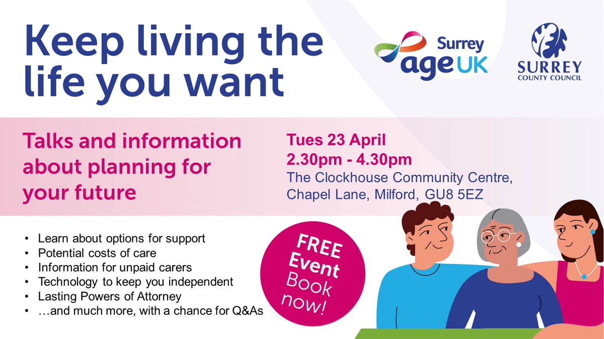 You may be retired, middle-aged or have older parents who are doing well, but having a basic plan for later years is crucial. Reserve your space at a FREE @AgeUKSurrey presentation on future planning in Milford near #Godalming on 23 Apr, 2.30pm: orlo.uk/2kwng