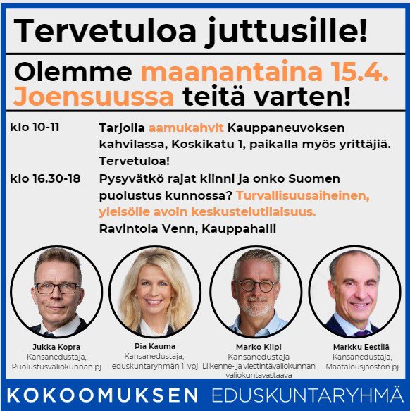 Maanantaina olen kierroksella Joensuussa Pia Kauman, Markku Eestilän ja Marko Kilven kanssa. Tule moikkaamaan! @PiaKauma @markkueestila @markokilpi #joensuu