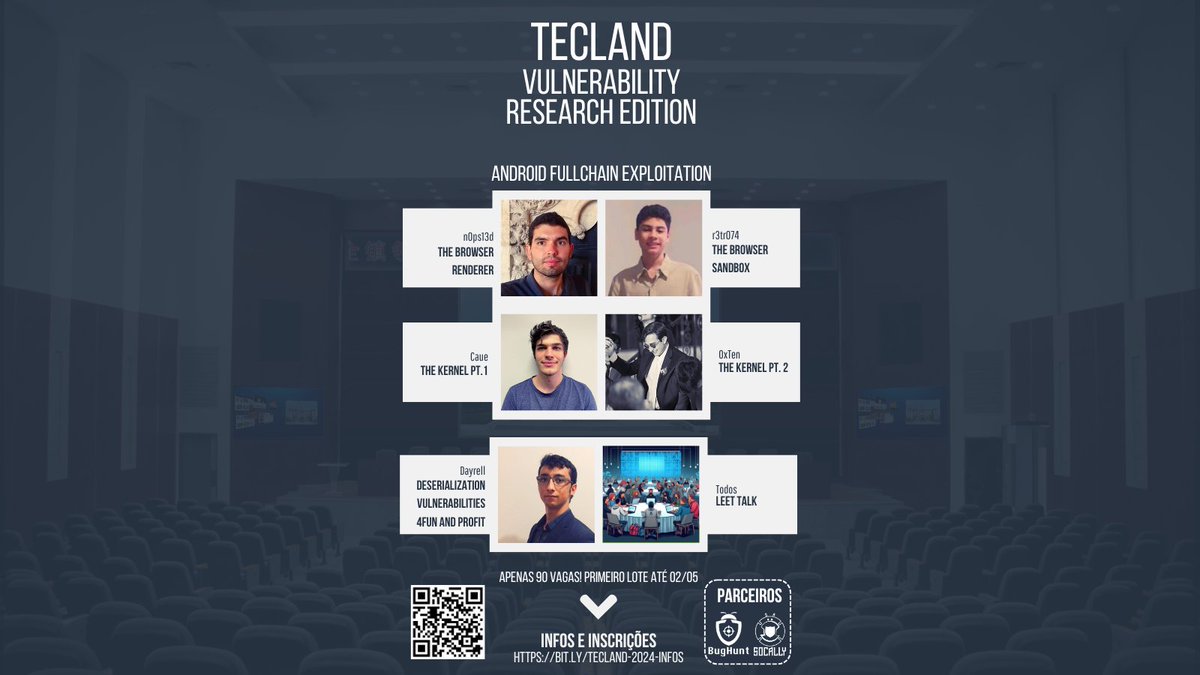 Epic Leet Team (@eltctfbr) on Twitter photo O primeiro lote do TecLand Vulnerability Research Edition (<a href="/TecLandGroup/">TecLand Group</a>) está a todo vapor, com pessoas de todos os cantos do Brasil se inscrevendo, afinal, não é todo dia que aparece um evento desse nível técnico e com essa temática! Vai deixar passar?
bit.ly/tecland-2024-i… O primeiro lote do TecLand Vulnerability Research Edition (<a href="/TecLandGroup/">TecLand Group</a>) está a todo vapor, com pessoas de todos os cantos do Brasil se inscrevendo, afinal, não é todo dia que aparece um evento desse nível técnico e com essa temática! Vai deixar passar?
bit.ly/tecland-2024-i…