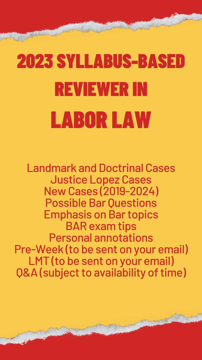 Dear 2024 Bar Takers, Syllabus-Based Reviewers in Political Law (Third Edition) and Labor Law (First Edition) are out!

For purchase, click this link: docs.google.com/forms/d/16svB7…