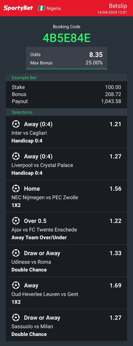 8 odds!! Sportybet Code: 4B5E84E best of lucks ✅🏆✅💚✅💚🎉