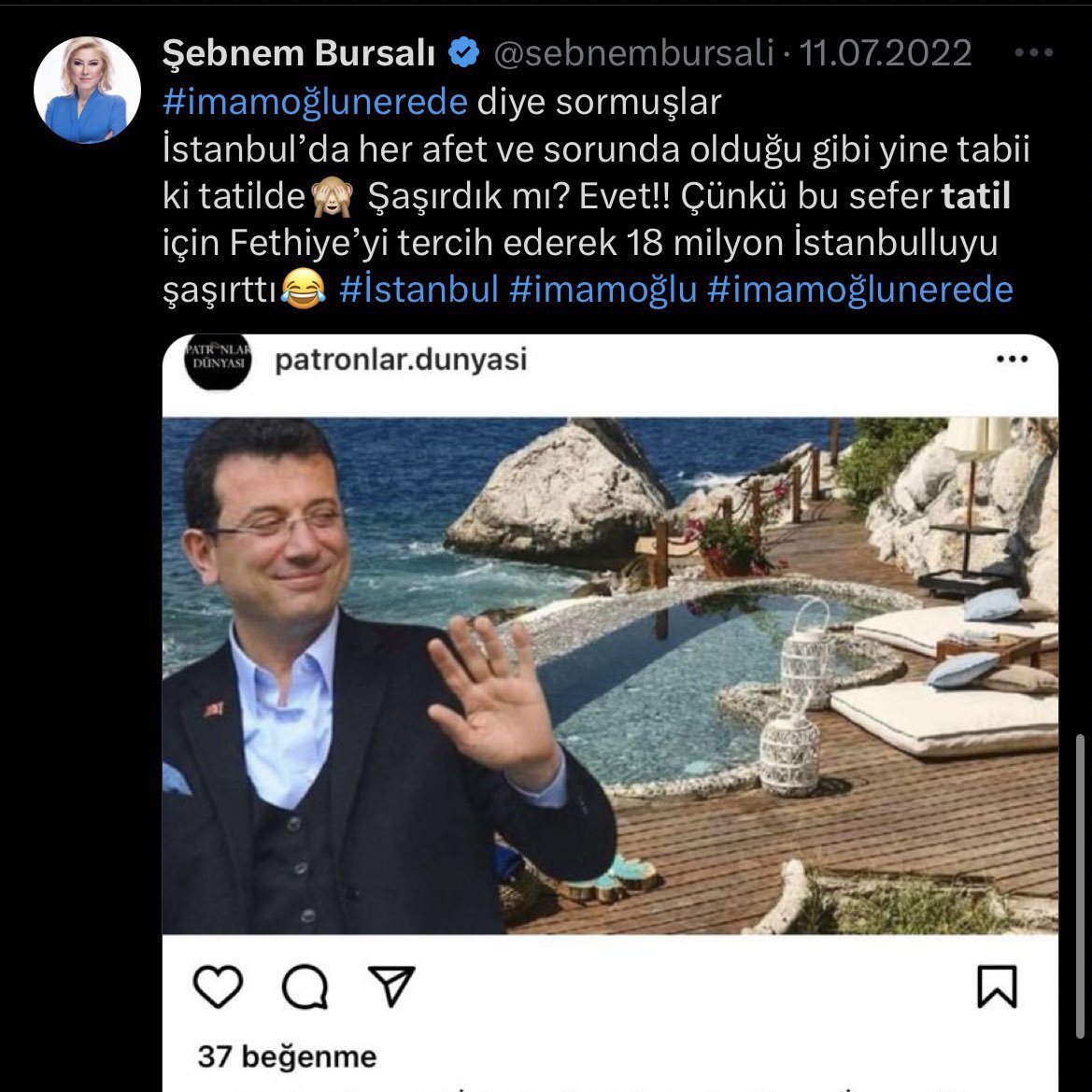 Monaco'da tatil yapıp ıstakoz yemesiyle gündem olan AKP Milletvekili Şebnem Bursalı'nın, Ekrem İmamoğlu'nu Fethiye'ye tatile gittiği için eleştirdiği ortaya çıktı.