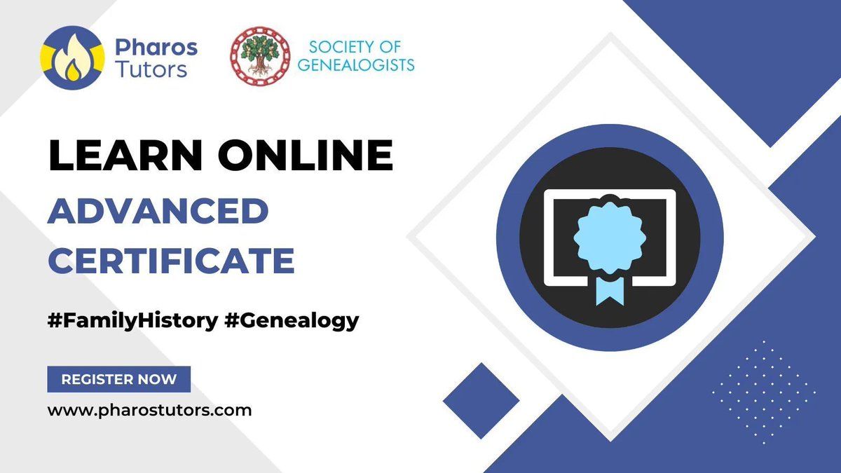 Are you thinking of becoming a Professional Genealogist and want to get a good foundation in genealogy to support your work? Then our Advanced Certificate is for you. buff.ly/3r95WNx #Genealogy #FamilyHistory #DistanceLearning #OnlineCourses #GenealogyCourses