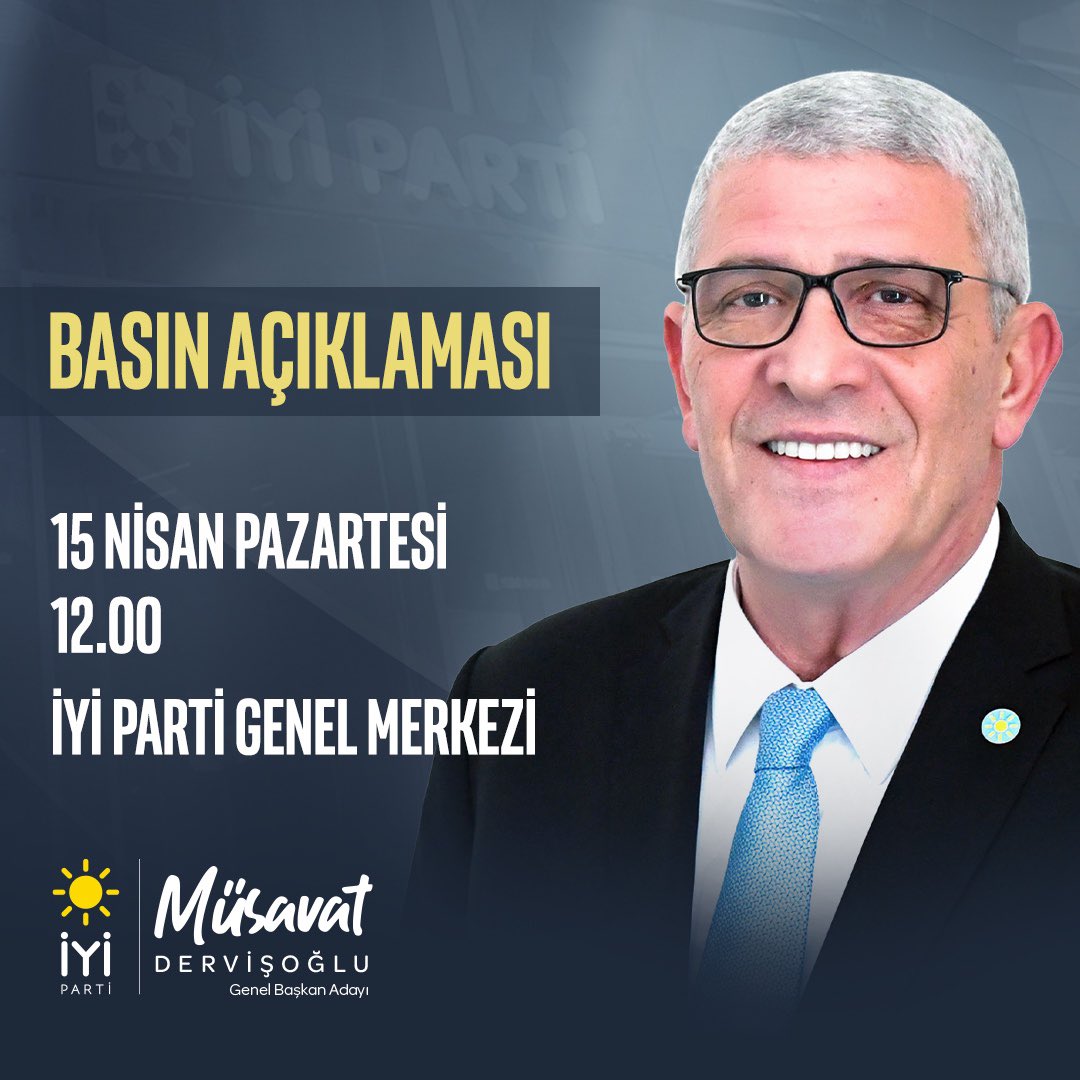 15 Nisan Pazartesi (yarın) 
🕛 12:00’de
📍İYİ Parti Genel Merkezi’nde,

Olağanüstü seçimli kurultayımızdaki Genel Başkan Adaylığım sürecine ilişkin açıklamalarda bulunacağım. 

Sosyal medya hesaplarımızdan canlı izleyebilirsiniz.