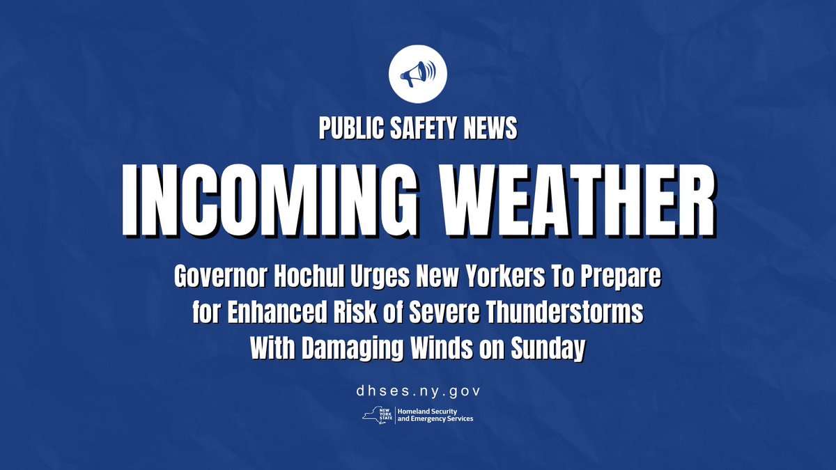 A weather system moving across the state today is expected to produce severe thunderstorms with potentially damaging winds in the afternoon. New Yorkers should monitor their local forecasts and take proper precautions as the weather unfolds: on.ny.gov/3VYOcBD