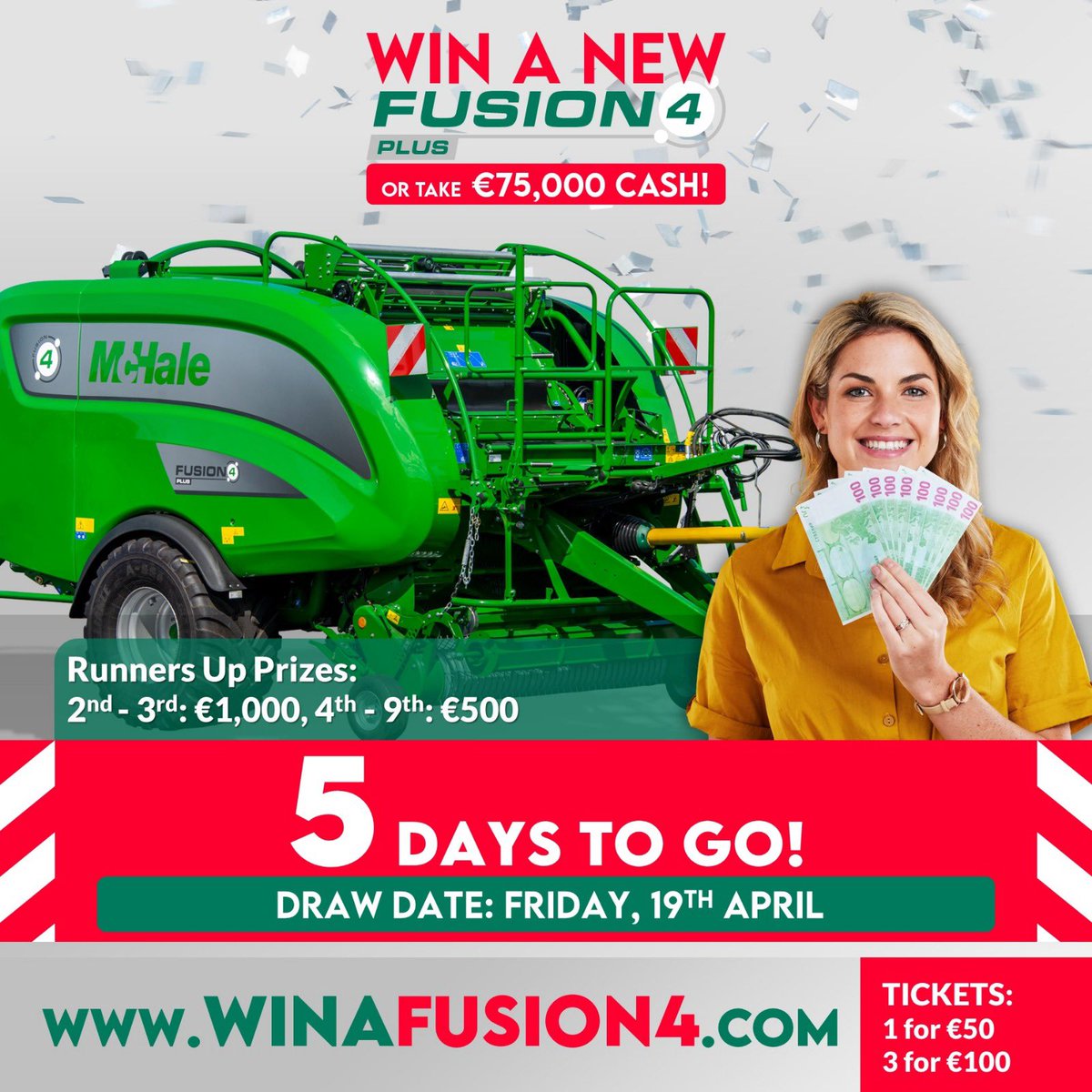 '🎉 DAY 5 to winning a McHale Fusion Baler or €75,000 🚜💰 Kilmaine GAA's fundraising countdown is in full swing 🙌🤑 Don't miss your chance, grab a ticket now and join the suspense at winafusion4.com! #winafusion4 @MayoGAA @ConnachtGAA