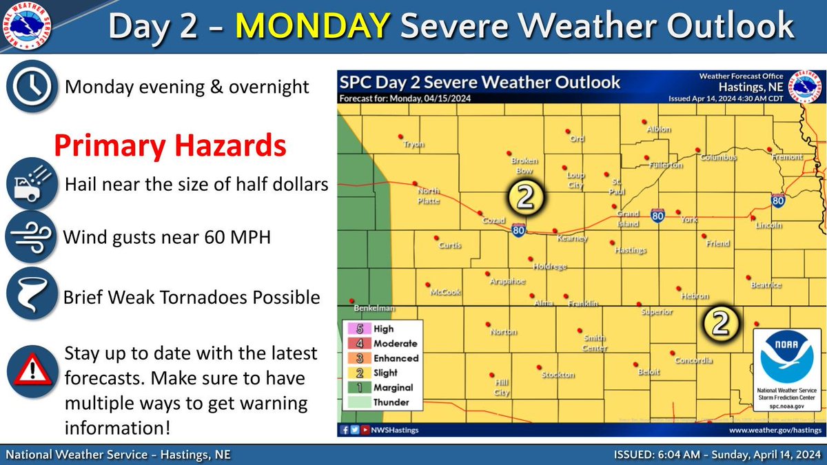 Increasing chances for thunderstorms Monday evening into Monday night. Some of these storms may be on the strong to severe side, especially Monday night. Large hail near the size of half dollars and wind gusts near 60 MPH look to be the primary hazards. #newx #kswx