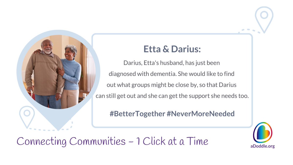 'Darius' - 'Etta's' husband, has been diagnosed with dementia. She'd like to find out what groups might be close by, so that Darius can still get out & she can get the support she needs too. For 𝗘𝘃𝗲𝗿𝘆𝗼𝗻𝗲 and 𝗘𝘃𝗲𝗿𝘆 𝗖𝗼𝗺𝗺𝘂𝗻𝗶𝘁𝘆📍 #CommunityMaps #aDoddleIt