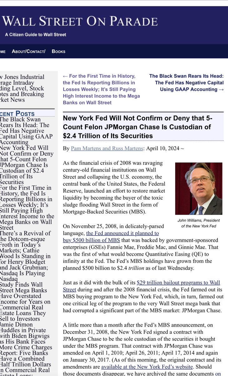 'The NY Fed won't confirm or deny whether JPMorgan Chase is still the sole custodian of the Fed’s $2.4 trillion in mortgage backed securities portfolio' - Wall Street on Parade 'To summarize: JPMorgan Chase played an integral role in bringing on the financial crisis of 2008…