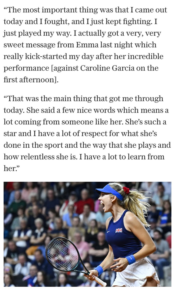 Loved this detail here from Katie Boulter yesterday at the BJK Cup, on how teammate Emma Raducanu helped give her a confidence boost after a tough loss in her first match. Shows this British team has real camaraderie off the court - great to see and key for this event