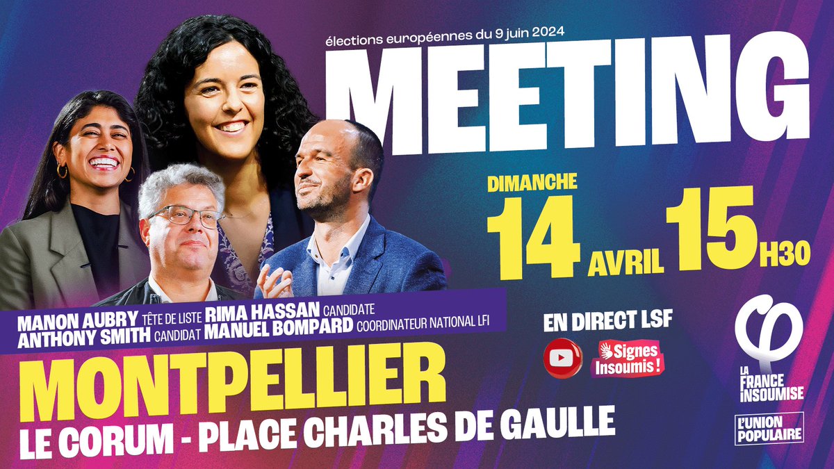 Suivez en direct, à partir de 15h30, le meeting de l'Union populaire à Montpellier ⤵️ youtube.com/watch?v=epI-bs… #UnionPopulaire #Montpellier
