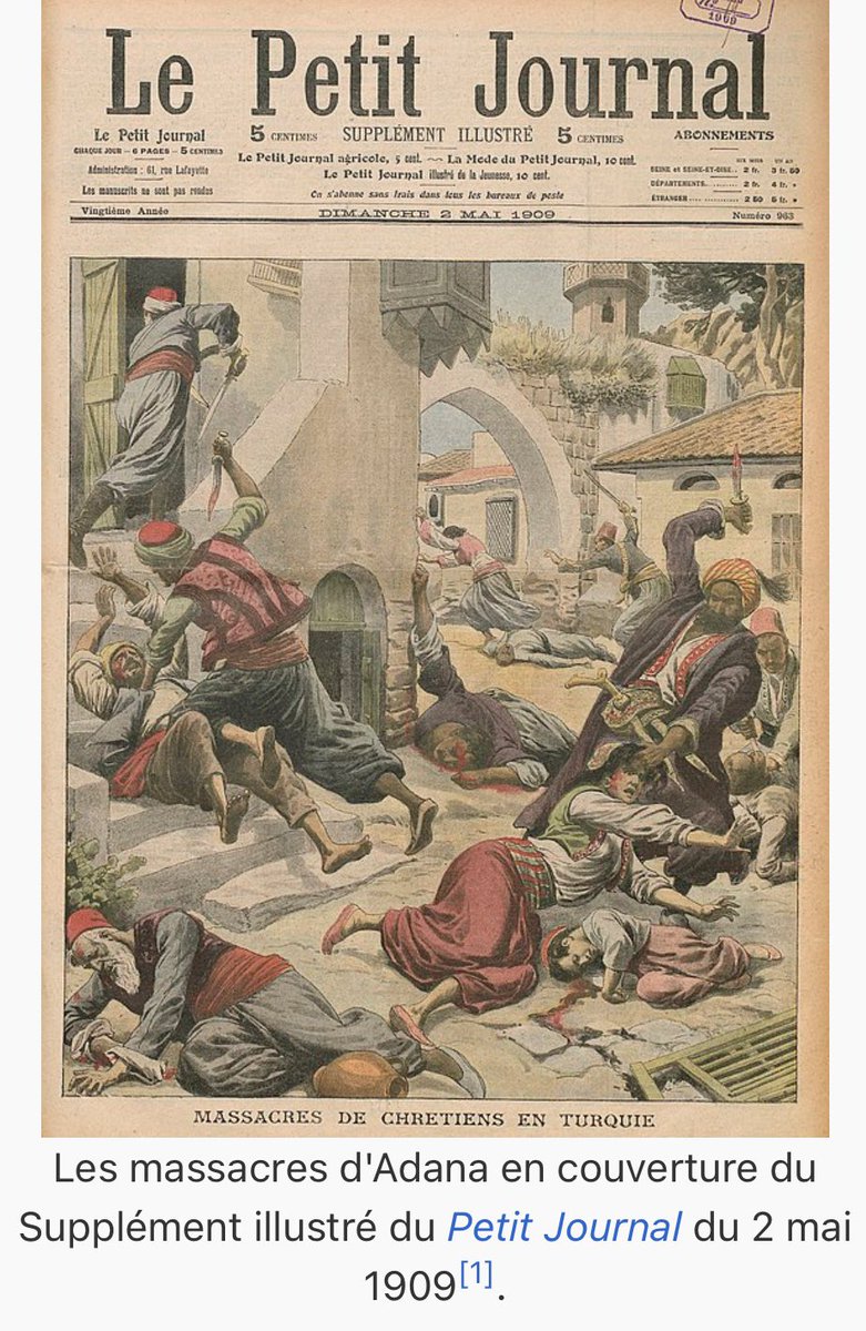 Ce jour il y a 115 ans, débutaient dans la ville d’#Adana (#Turquie🇹🇷) les massacres contre la population #arménienne de cette cité de l’ancien royaume de #Cilicie (‘Petite #Arménie’ indépendante de 1080 à 1375). De 20 à 30.000 Arméniens furent #massacrés du 14 au 27 avril 1909).