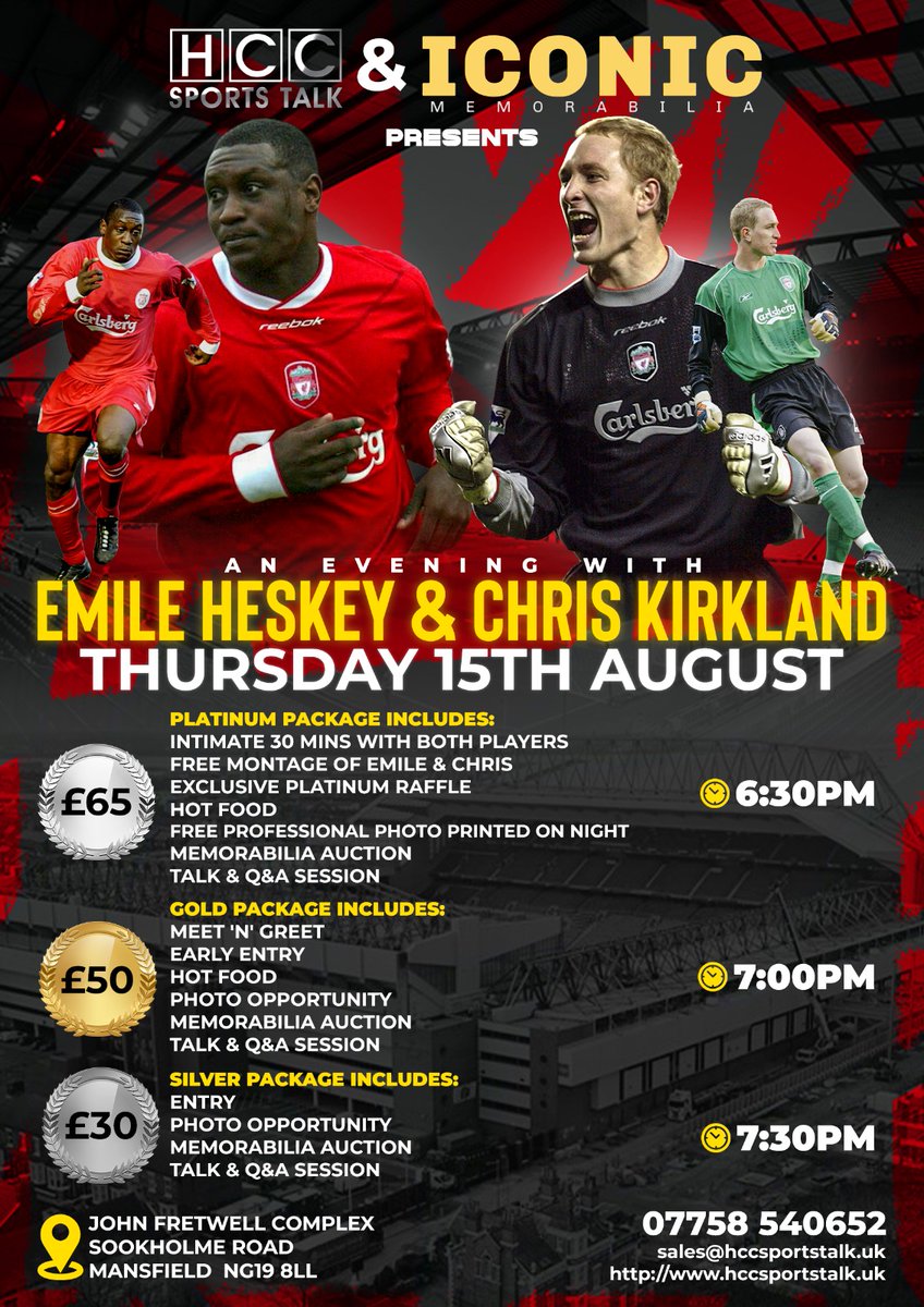 TICKETS ON SALE NOW !!

JOIN THESE 2 #LFC #LEGENDS <a href="/EmileHeskeyUK/">Emile Heskey</a> <a href="/ChrisKirkland43/">Chris Kirkland</a> 

All details are on the poster 

hccsportstalk.uk 

Pls RETWEET