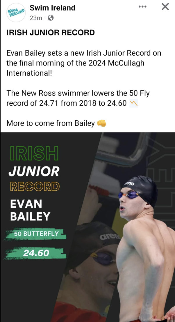 He’s at it again. Another Irish record for 6th year student, Evan Bailey, as he lowers the Irish Junior record for 50m fly by a whopping 0.11sec. Congratulations Evan. #superblue