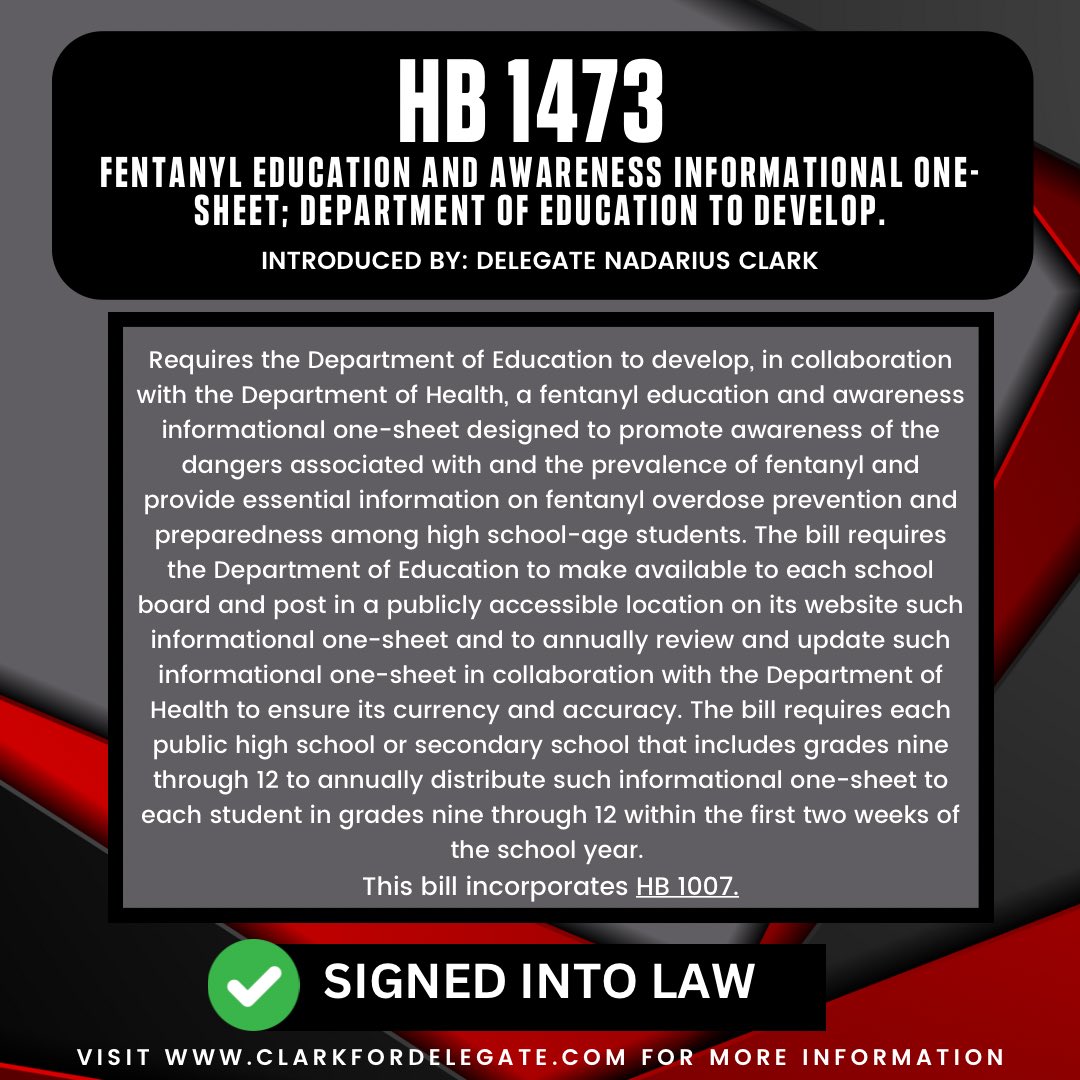 🚨 Breaking News: HB 1473 Signed into Law! 💪 Strengthening Awareness on the Fentanyl Crisis. Requiring the Department of Education to Develop Info One-Sheets, Empowering Communities to Stay Safe. Together, Let's Fight the Epidemic! #HB1473 #FentanylAwareness #CommunitySafety