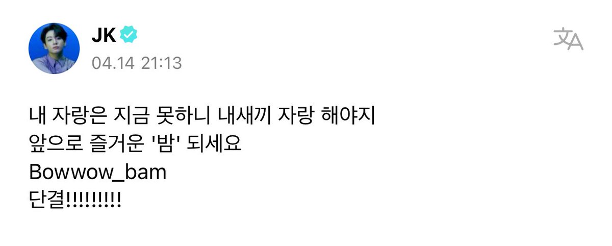 btsinthemoment's tweet photo. jungkook weverse post 

🐰 i can't brag about anything right now so im going to brag about my baby 
have a fun 'night' from now on *
bowwow_bam 
unity (salute) !!!!!!!!!

[t/n 밤 (bam) means 'night'] https://t.co/jKZPhUuDgt