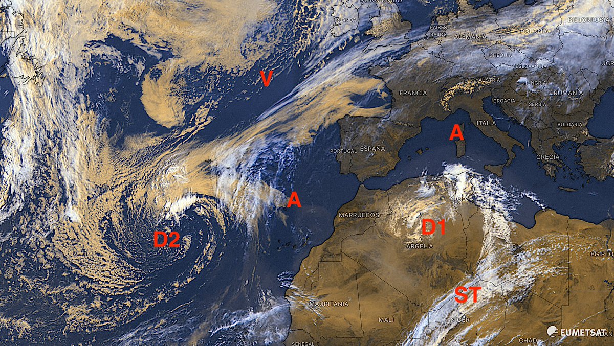 Entre la dana africana (D1), la atlántica (D2) y el chorro polar más al norte se extiende la 'dorsal-pasillo' (A) q aún nos afecta.Durante los próximos días la circulación sobre Iberia será del NW sin nada muy reseñable.Pueden venir algunos cambios hacia el próximo finde. Ver ALT