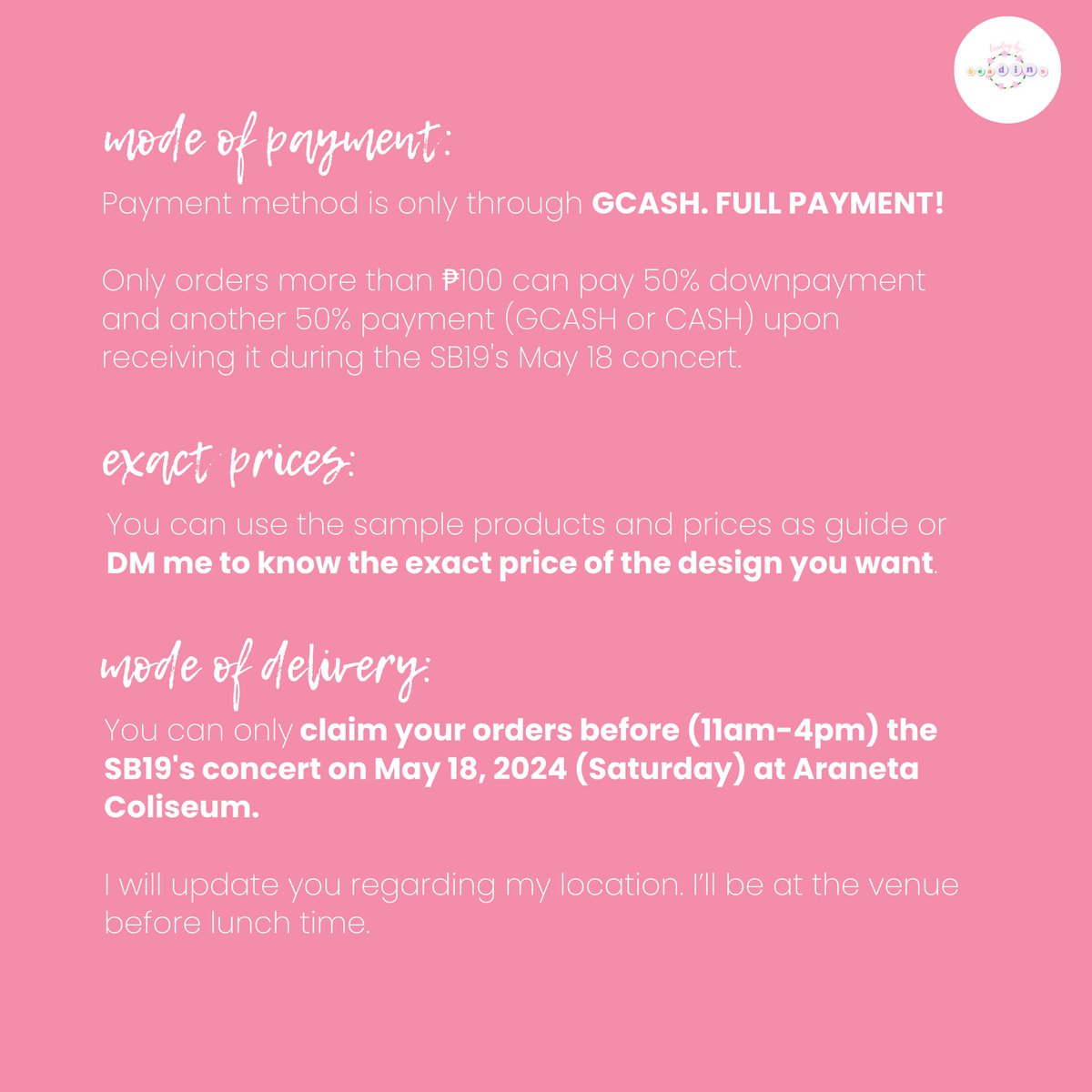 Baka may interested po bumili, tapos meet up nalang po sa May 18 para makuha yung bracelet.

1-3 pcs lang po yung available sa SB19-inspired bracelets (per design), paunahan nalang po <3

D-Day PAGTATAGFinale TixSelling
<a href="/SB19Official/">SB19 Official</a> #SB19 
#SB192DaysAranetaConcert