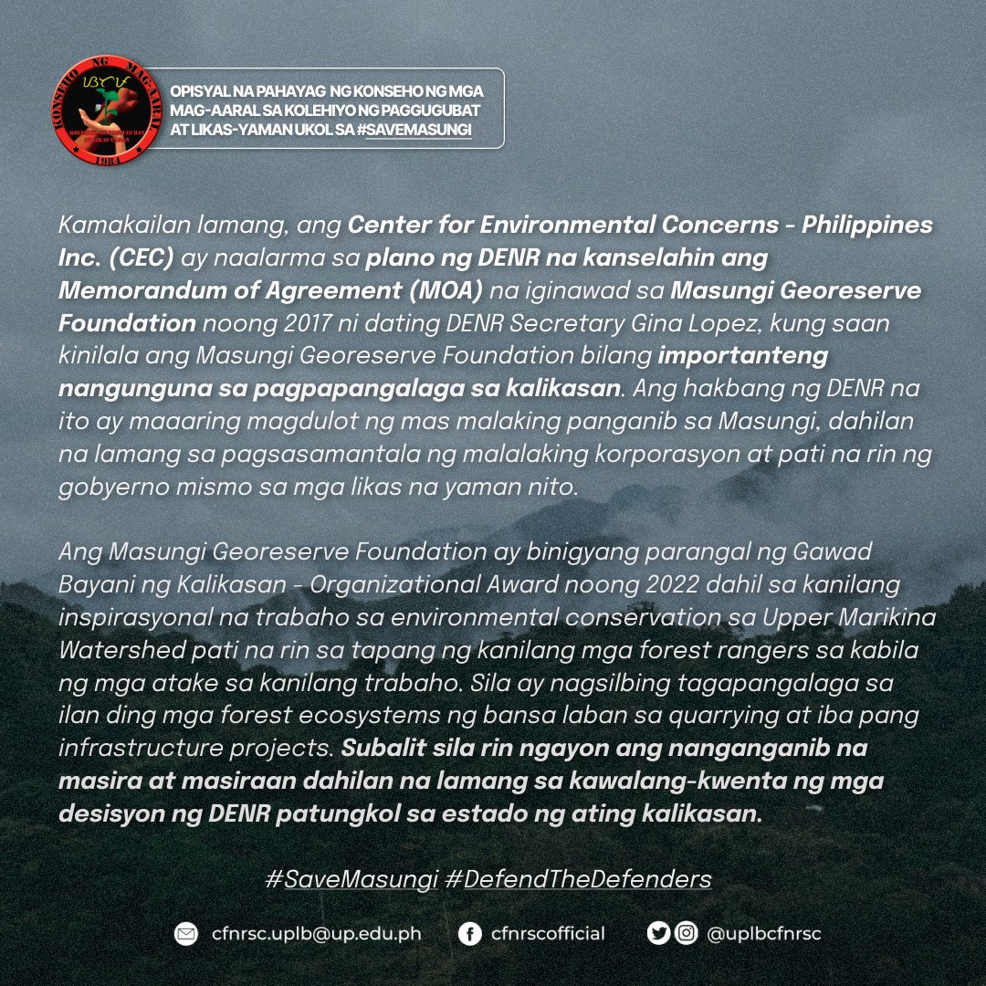 UPLBCFNRSC's tweet photo. Bilang mga manggugubat ng bayan, ang CFNR SC at ang buong sangkaestudyantehan ay kaisa sa panawagang ipagtanggol ang @MasungiGeo sa ngalan ng pagprotekta sa kalikasan at pagtataguyod ng angking karapatan ng taumbayan.

#SaveMasungi #DefendTheDefenders
#UPCFNRSC2024 https://t.co/1u06hi3WB4
