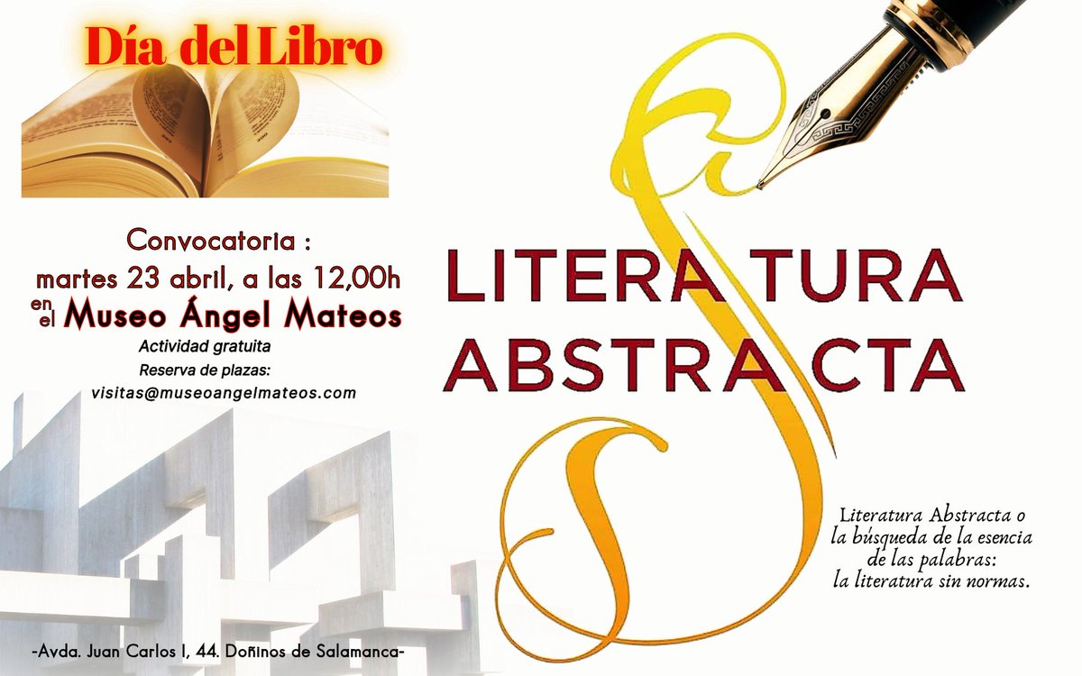 El próximo martes, #díadellibro2024, José Luis Blanco nos guiará y ayudará a experimentar la Literatura Abstracta. Estamos encantados de acoger esta actividad en torno a la creatividad literaria #diadellibro #creacionliteraria #literatura #diadellibrosalamanca