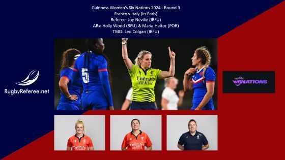 #FRAvITA in Guinness @Womens6Nations 2024 - Round 3
France v Italy (in Paris)
Referee: Joy Neville (IRFU)
ARs: Holly Wood (RFU) & Maria Heitor (POR)
TMO: Leo Colgan (IRFU)
#RugbyUnited #RefSquad