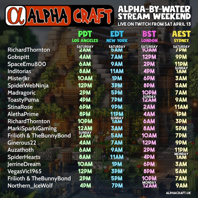 The amazing <a href="/GGMc20/">Ginerous</a> is live on <a href="/_AlphaCraft_/">🅰 Alpha Craft</a> right NOW building his Alpha by Water house. Go and see how quick he builds
twitch.tv/ginerous22