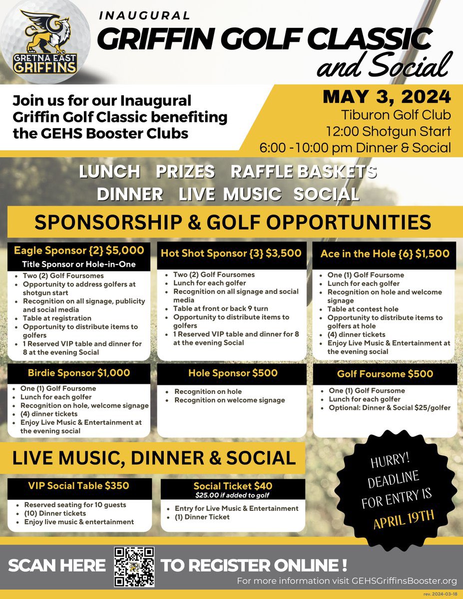 19 days until the Inaugural Griffin Golf Classic on May 3rd at @TiburonGolfClub. Shotgun start at 12:00 PM, followed by a social event. Sponsorships and Golf Foursome Registration now open. Exciting day to support Gretna East Booster Clubs and students. events.golfstatus.com/event/inaugura…