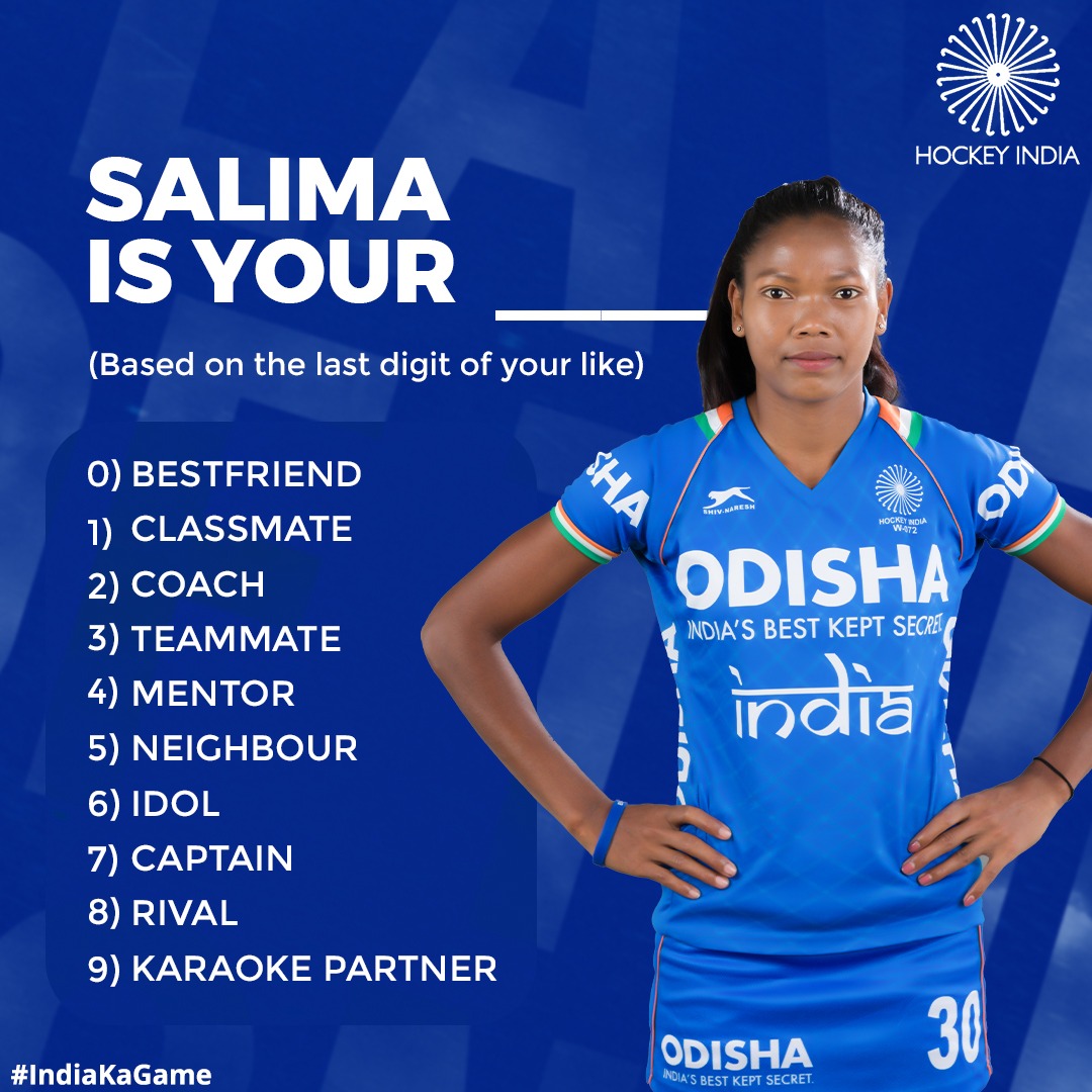 Who would you want Salima to be? 👀

#HockeyIndia #IndiaKaGame 
.
.
@CMO_Odisha @sports_odisha @IndiaSports @Media_SAI @Limca_Official @CocaCola_Ind