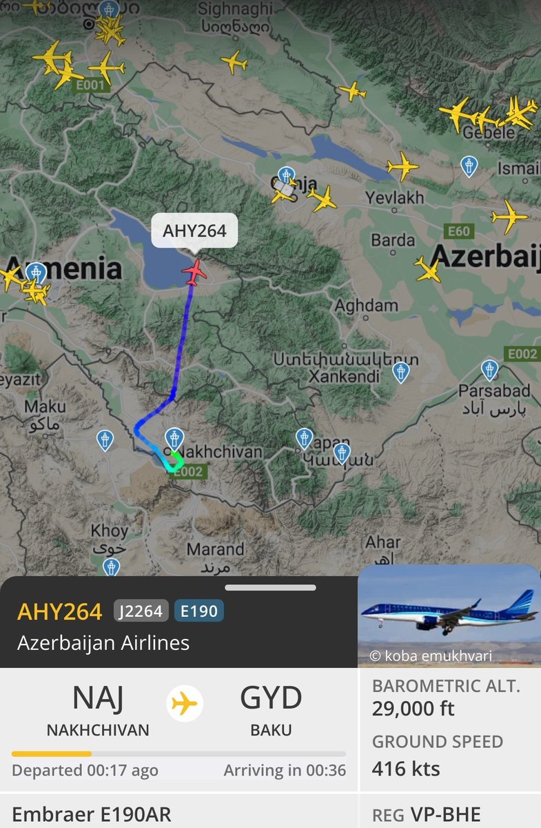 Azerbaijan Airlines Nakhchivan —Baku flight using Armenian airspace instead of usual Iran.