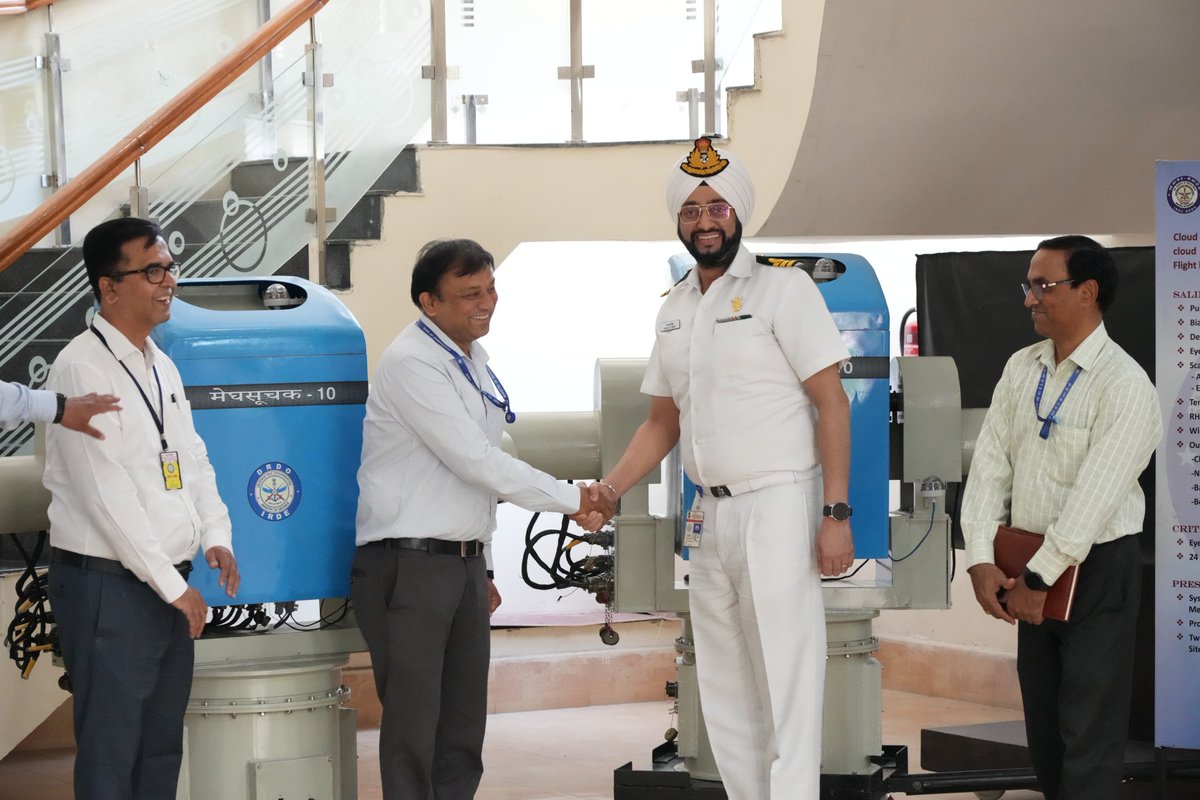 Two cutting edge LIDAR ceilometers designed & developed under 'Project Megh Suchak -10', #MS10, were handed over to the #IndianNavy by Dr. Ajay Kumar, Director IRDE, Dehradun. The gimbal mounted system has a unique ability to detect cloud base heights within a 10 km range across