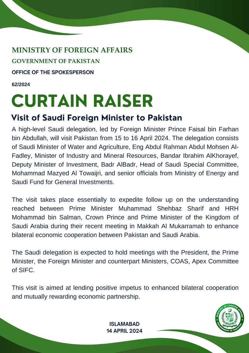 🔊: PR NO. 6️⃣2️⃣/2️⃣0️⃣2️⃣4️⃣ Curtain Raiser: Visit of Saudi Foreign Minister to Pakistan 🔗⬇️ mofa.gov.pk/press-releases…