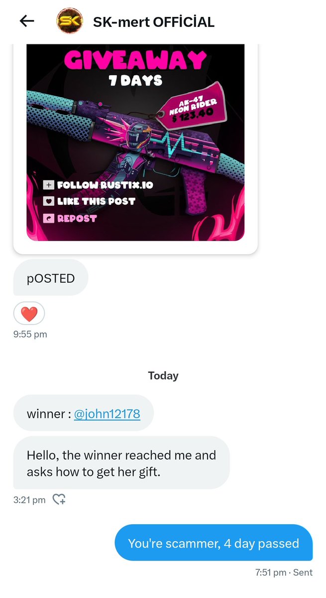 Guys @SKmert3 is scammer. He tried to scam us. Unfollow him #rustix #CSGOGiveaway