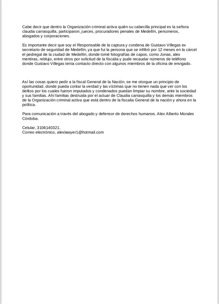 🇨🇴SARGENTO DEL EJÉRCITO NACIONAL DE COLOMBIA🇨🇴 (@sargentochala) on Twitter photo Hoy me escribió desde el exilio el señor Henry Cifuentes, testigo contra la señora Claudia Carrasquilla, concejal de Medellín por el Centro Democrático (<a href="/claudiacarrasq/">Claudia Carrasquilla Minami</a>) y el alcalde de Medellín, Federico Gutiérrez (<a href="/FicoGutierrez/">Fico Gutiérrez</a>). Fue la persona que envió a la cárcel a Gustavo Hoy me escribió desde el exilio el señor Henry Cifuentes, testigo contra la señora Claudia Carrasquilla, concejal de Medellín por el Centro Democrático (<a href="/claudiacarrasq/">Claudia Carrasquilla Minami</a>) y el alcalde de Medellín, Federico Gutiérrez (<a href="/FicoGutierrez/">Fico Gutiérrez</a>). Fue la persona que envió a la cárcel a Gustavo