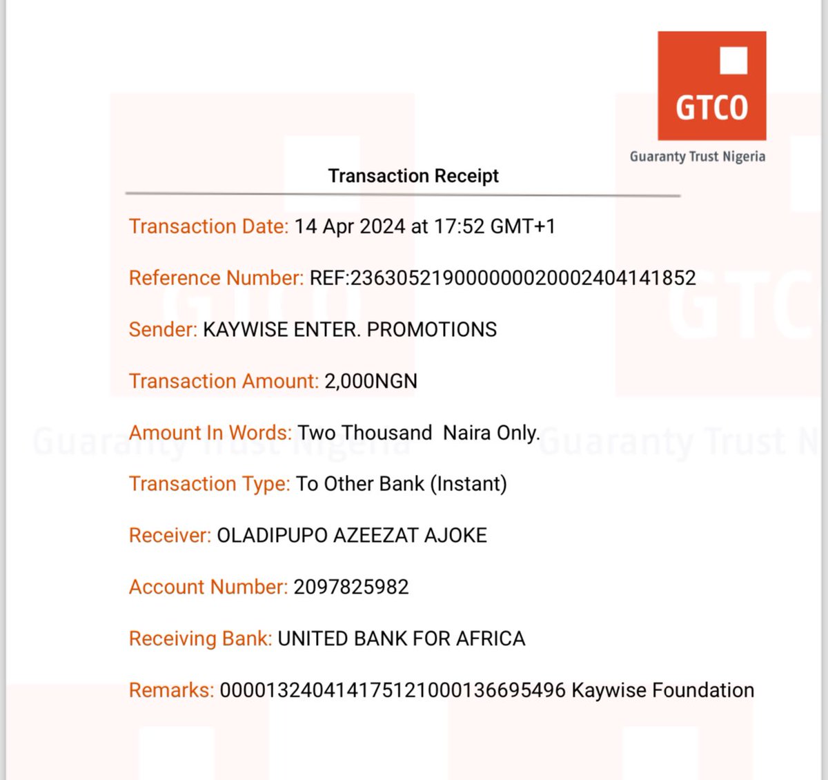 Money sent Sir. #KaywiseFoundation 🎗️