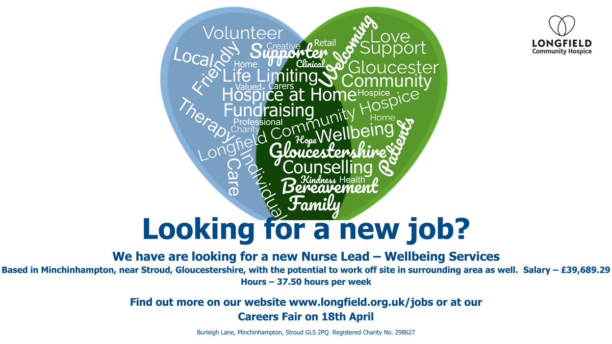 Looking for a new role in nursing? Why not look at our Nurse Lead - Wellbeing post? Visit our website or drop in at our careers/job fair on April 18th at 5.30pm. #Jobs #Gloucestershire #Hospice #JobsFair #Nurse #Careers