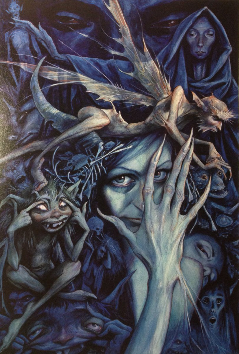 Mercutio: O, then, I see Queen Mab hath been with you. She is the fairies' midwife, and she comes In shape no bigger than an agate-stone On the fore-finger of an alderman, Drawn with a team of little atomies Athwart men's noses as they lie asleep; #FolkloreSunday 🎨Brian Froud