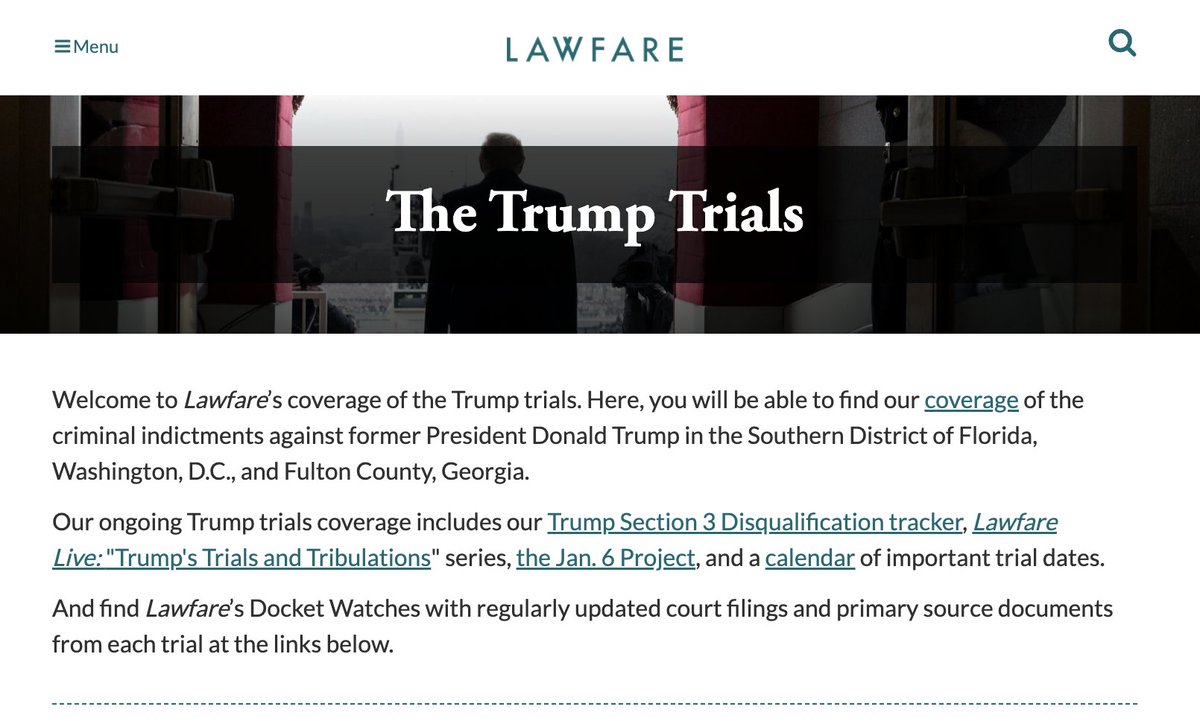 Our coverage doesn't end when the judge gavels a hearing to a close. We publish legal analysis, record podcasts, and meticulously maintain dockets across all four jurisdictions, thanks to @hyeminjhan @matthew_gluck @katherinepomps & Anna Hickey: lawfaremedia.org/current-projec…