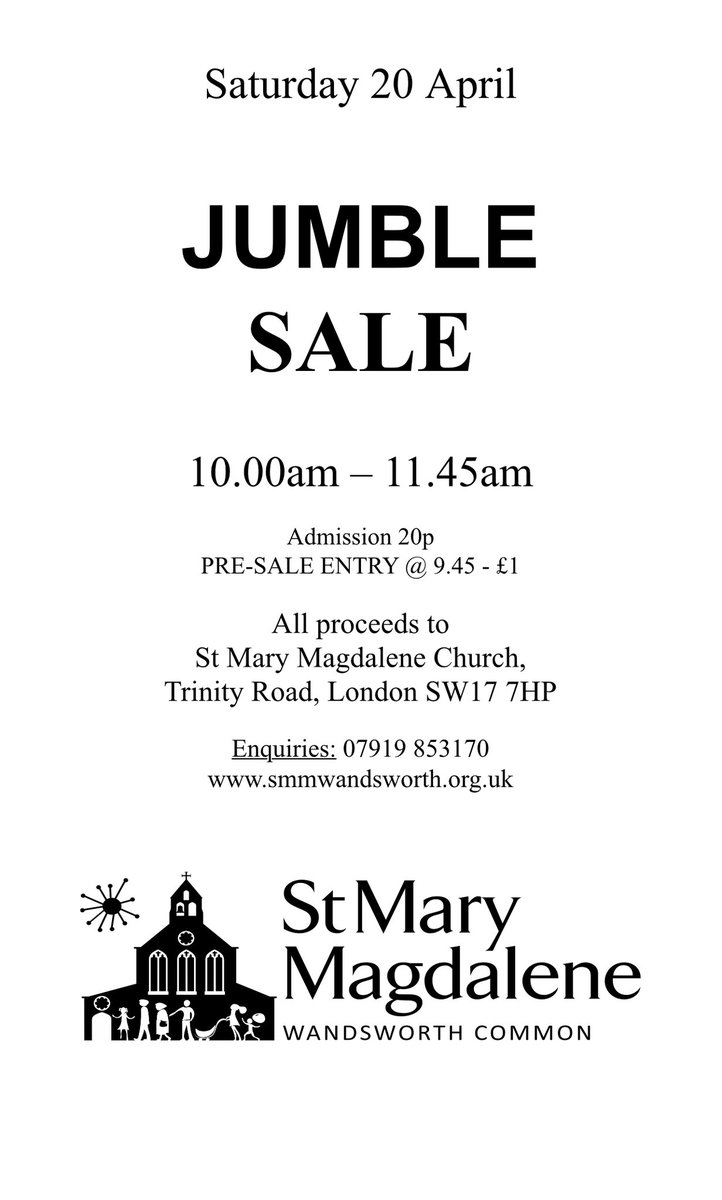 #JumbleSale at St Mary Magdalene #TrinityRoad near #BellevueRoad #WandsworthCommon. Saturday 20th April 9:45am till 12pm!!!