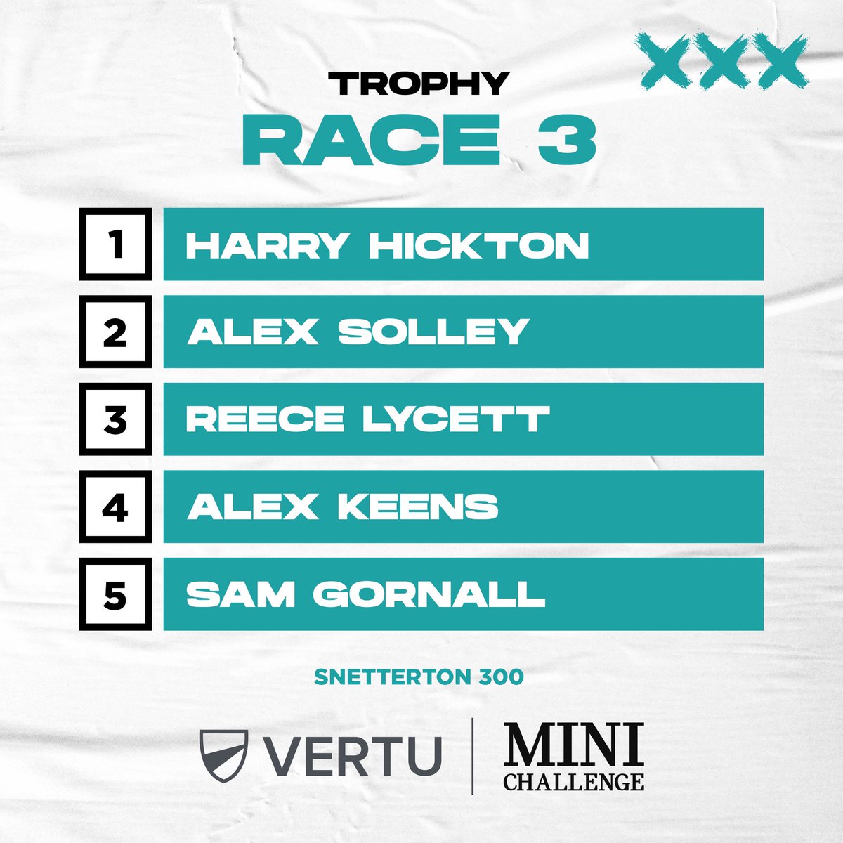 RACE THREE RESULTS: Harry Hickton clinches his second victory of the day. 🏆 #VertuMotors #MINICHALLENGETrophy #Winner #Results #RaceThree