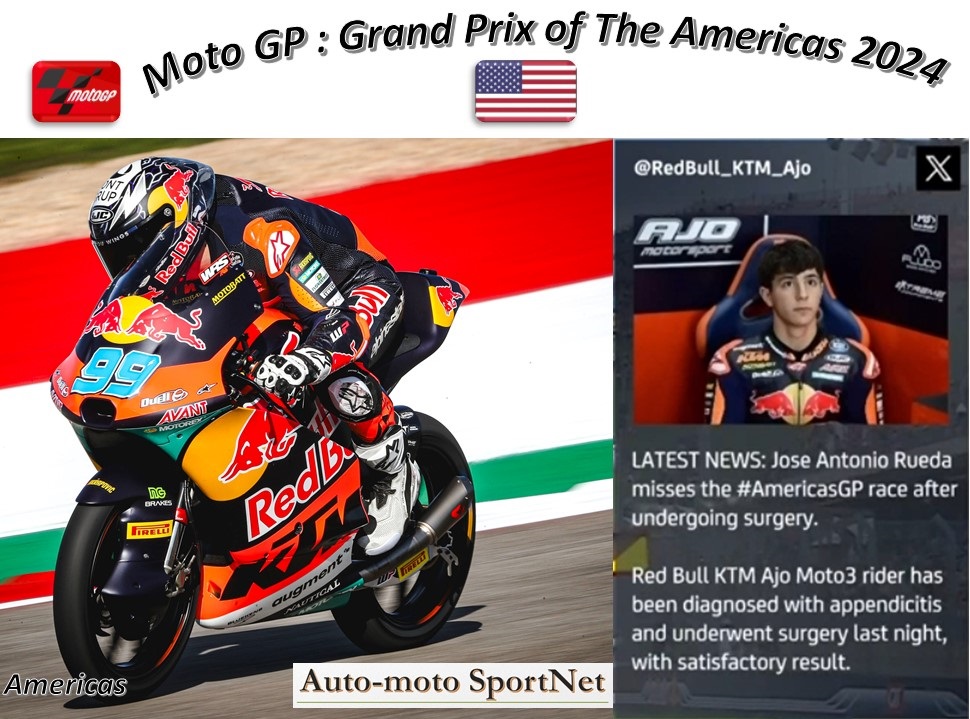 Moto 3 - Grand Prix of The Americas 2024 Jose Antonio Rueda 🇪🇸 ne participera pas au Grand Prix pour des problèmes de santé Circuit de Americas - Course #AmericasGP 🇺🇸 | #MotoGP | #Moto2 | #Moto3 |