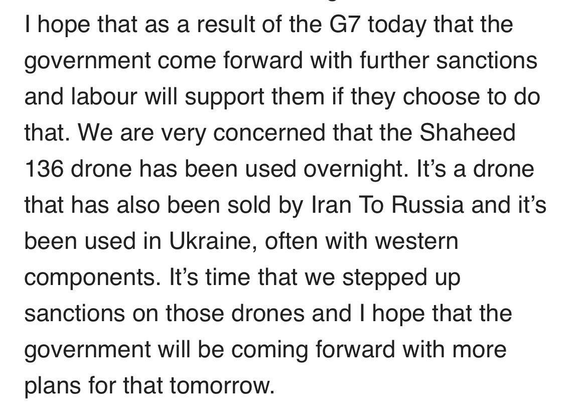 Labour’s David Lammy has called for further UK sanctions on the Iranian Shaheed 136 drone used against Israel, and sold to Russia for use in Ukraine. This is what he said 👇