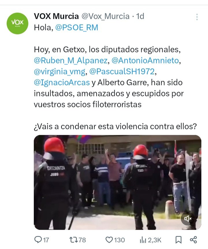V🤮X tiene 9 diputados en el Parlamento de Murcia y 6 de ellos se fueron ayer hasta Getxo a molestar a l@s vecin@s.